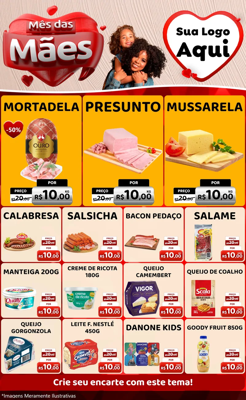 Modelo de Encarte para Encarte Grande com o tema Mês das Mães para Frios e Laticínios