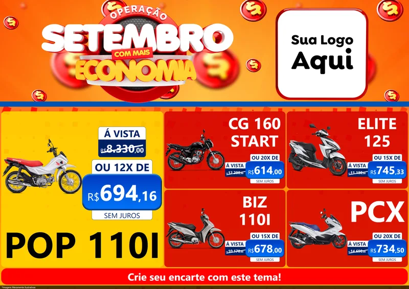 Modelo de Encarte para Encarte A4 Horizontal com o tema Operação Setembro Com Muita Economia para Concessionaria de Motos