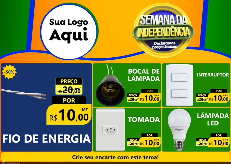 Modelo de Encarte para Encarte A4 Horizontal com o tema Semana da Independência Declaramos Preços Baixos para Materiais Elétricos