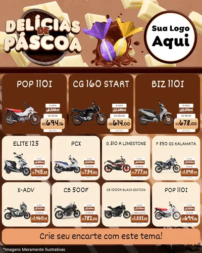 Modelo de Rede Social para Feed Instagram com o tema Delícias de Páscoa para Concessionaria de Motos