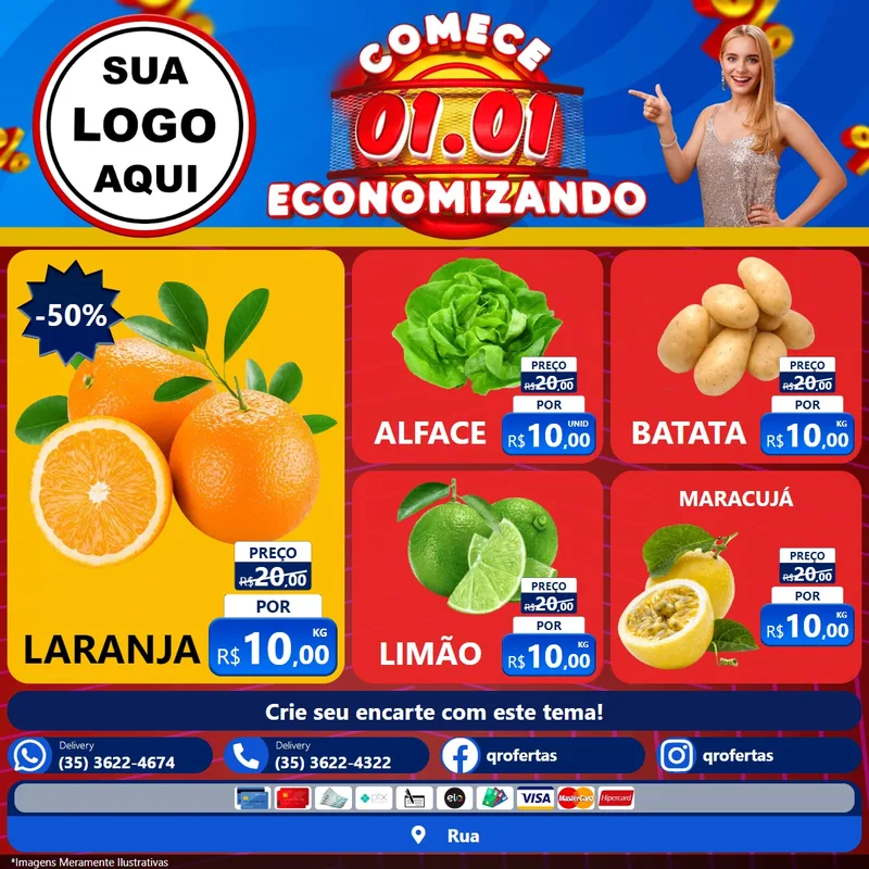 Modelo de Rede Social para Feed Facebook com o tema Comece 1º de Janeiro Economizando para Hortifrúti
