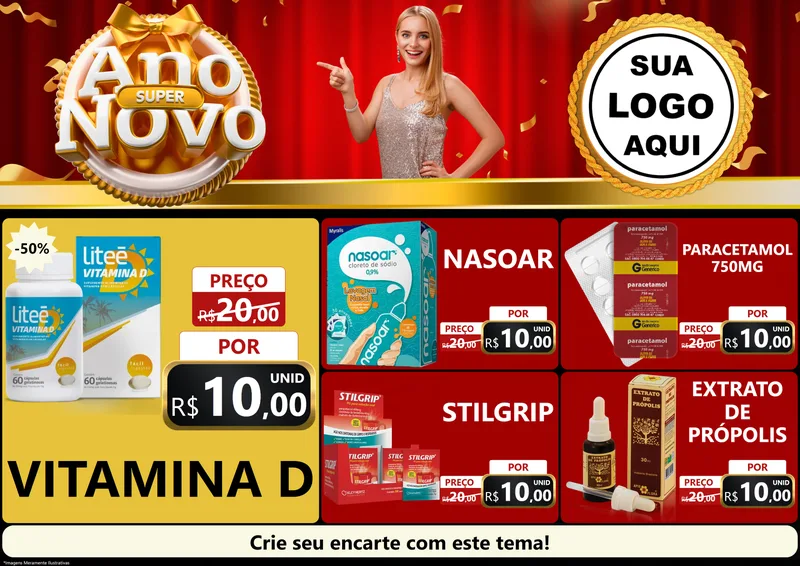 Modelo de Encarte para Encarte A4 Horizontal com o tema Super Ano Novo para Farmácia