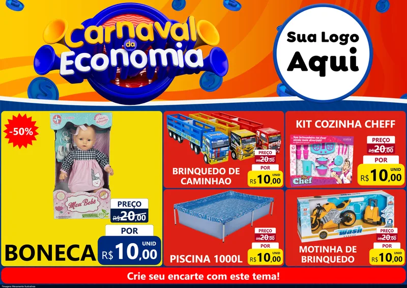 Modelo de Encarte para Encarte A4 Horizontal com o tema Carnaval da Economia para Brinquedos