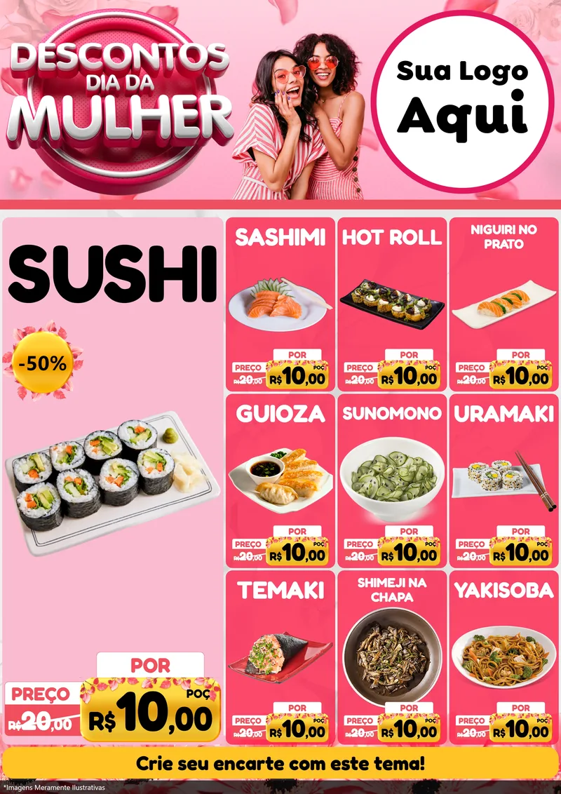 Modelo de Encarte para Encarte A4 Vertical com o tema Descontos Dia da Mulher para Comida japonesa