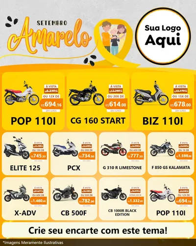 Modelo de Rede Social para Feed Instagram com o tema Setembro Amarelo para Concessionaria de Motos