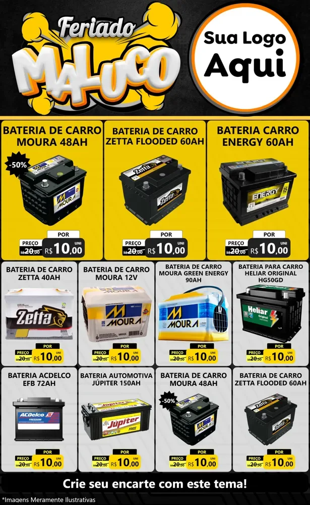 Modelo de Encarte para Encarte Grande com o tema Feriado Maluco para Baterias Elétricas