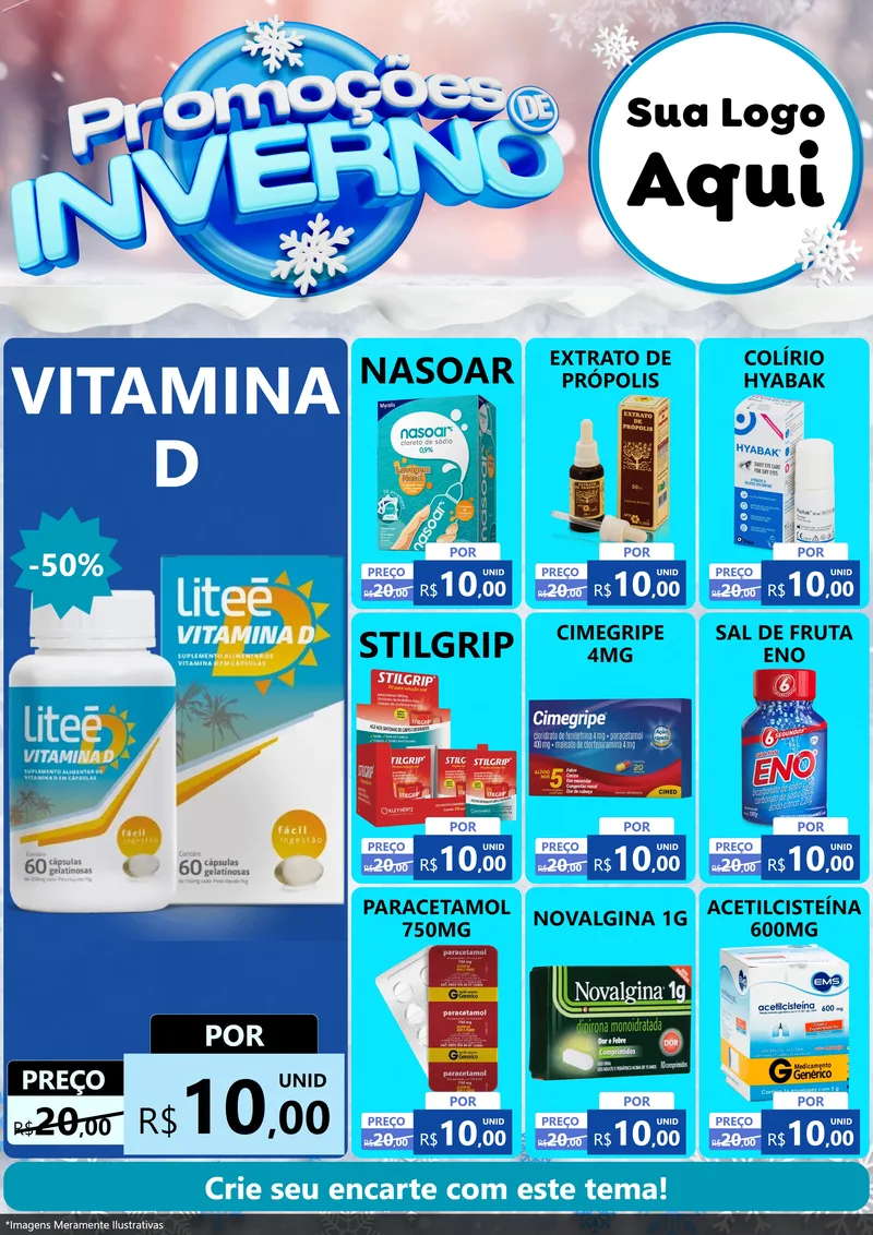 Modelo de Encarte para Encarte A4 Vertical com o tema Promoções de Inverno para Farmácia