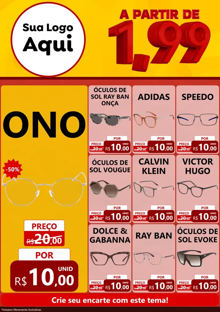 Modelo de Encarte para Encarte A4 Vertical com o tema A Partir de Um e Noventa e Nove - 1,99 para Óticas