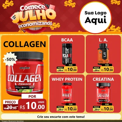 Modelo de Rede Social para Feed Facebook com o tema Comece Julho Economizando para Suplementos alimentares