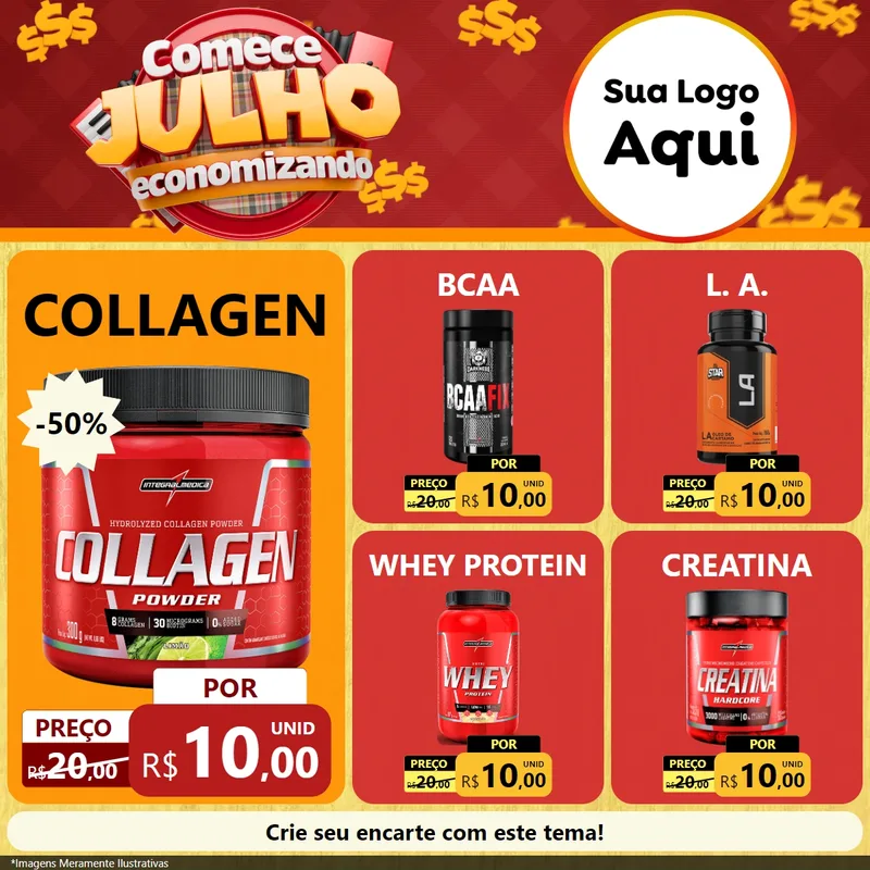 Modelo de Rede Social para Feed Facebook com o tema Comece Julho Economizando para Suplementos alimentares
