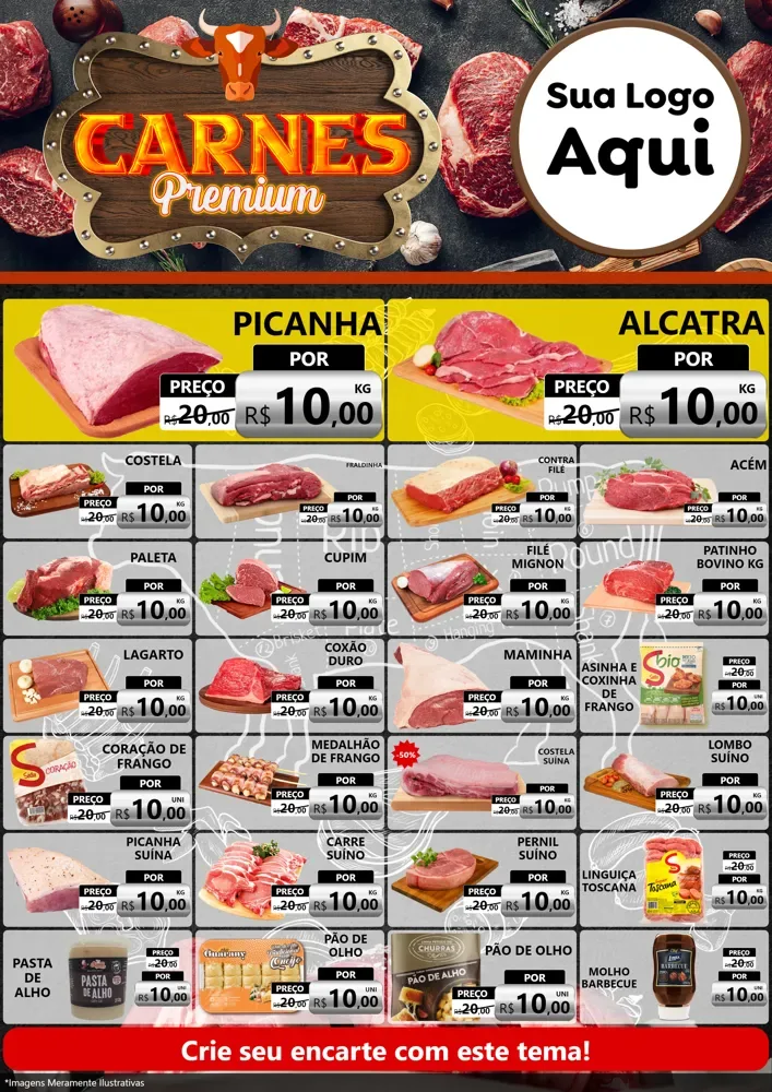 Modelo de Encarte para Encarte A4 Vertical com o tema Carnes Premium para Açougue