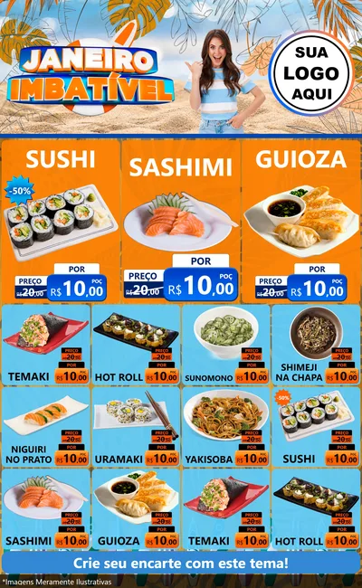 Modelo de Encarte para Encarte Grande com o tema Janeiro Imbatível para Comida japonesa