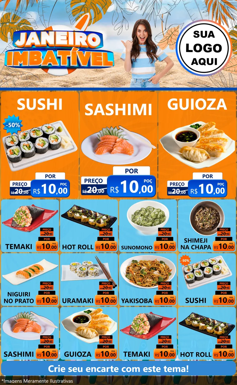 Modelo de Encarte para Encarte Grande com o tema Janeiro Imbatível para Comida japonesa