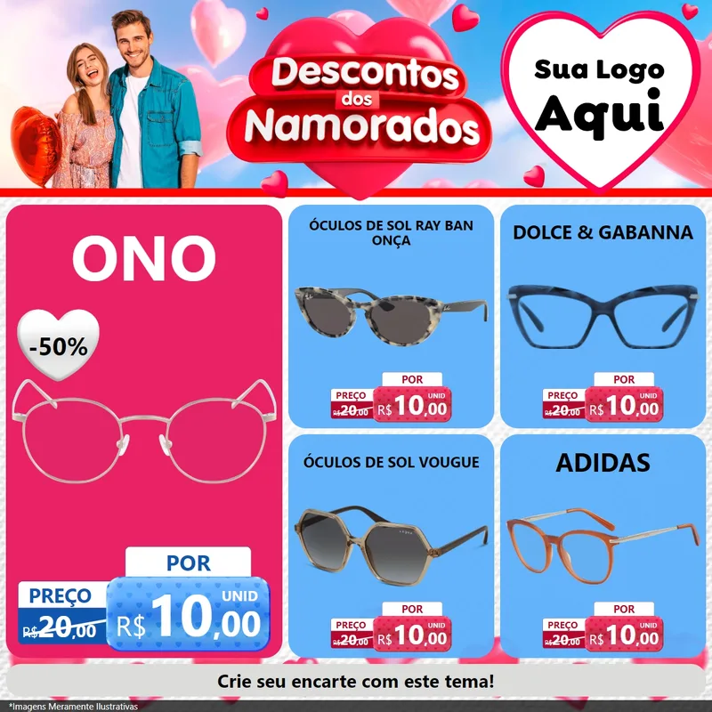 Modelo de Rede Social para Feed Facebook com o tema Descontos dos Namorados para Óticas