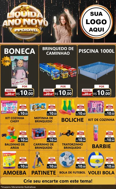 Modelo de Encarte para Encarte Grande com o tema Liquida Ano Novo Imperdível para Brinquedos