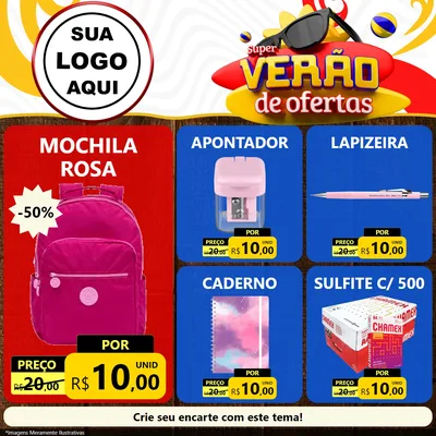 Modelo de Rede Social para Feed Facebook com o tema Super Verão de Ofertas para Papelaria