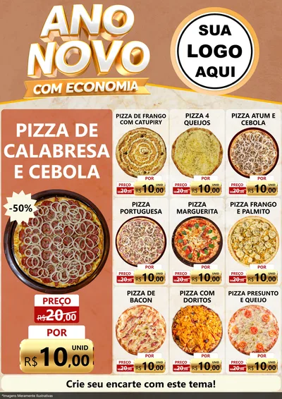 Modelo de Encarte para Encarte A4 Vertical com o tema Ano Novo Com Economia para Pizzaria