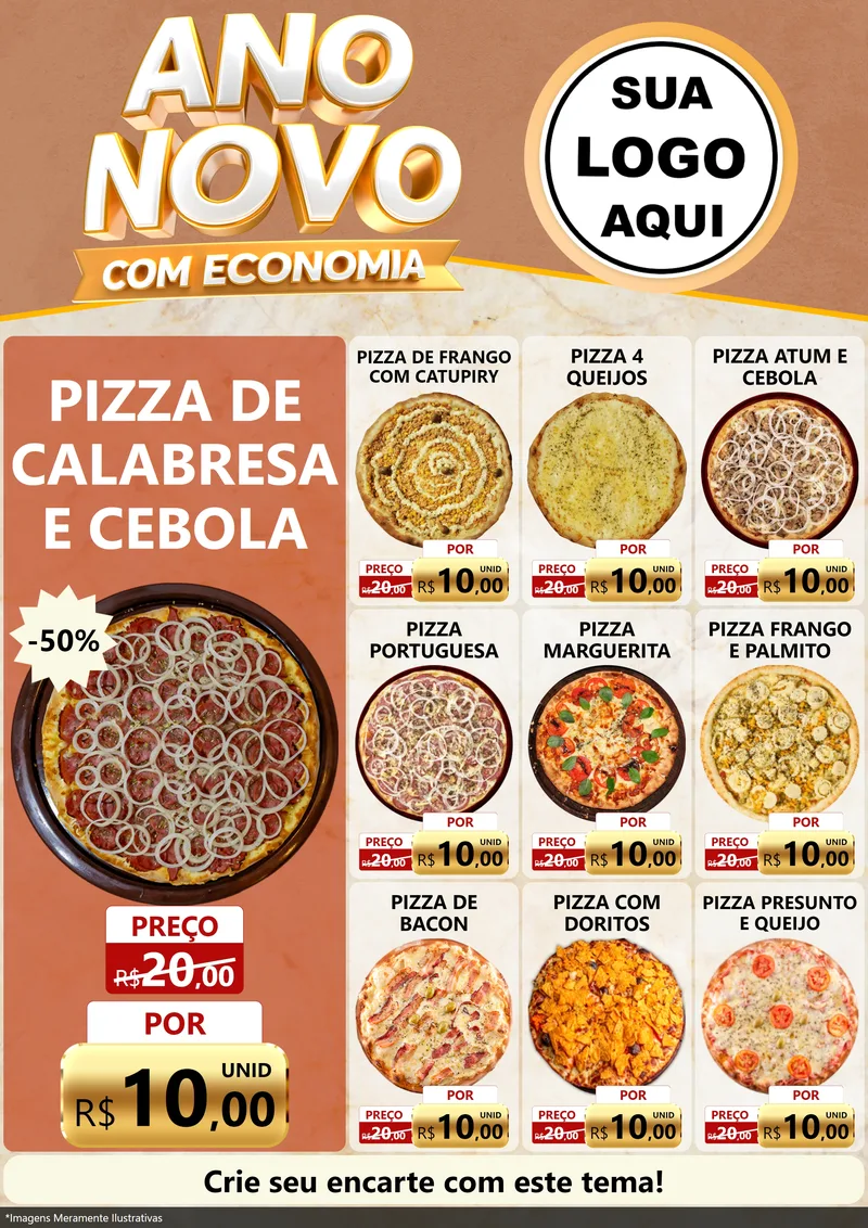 Modelo de Encarte para Encarte A4 Vertical com o tema Ano Novo Com Economia para Pizzaria