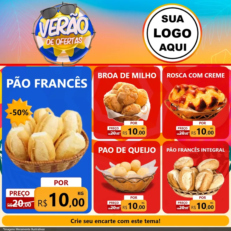 Modelo de Rede Social para Feed Facebook com o tema Verão de Ofertas para Padaria