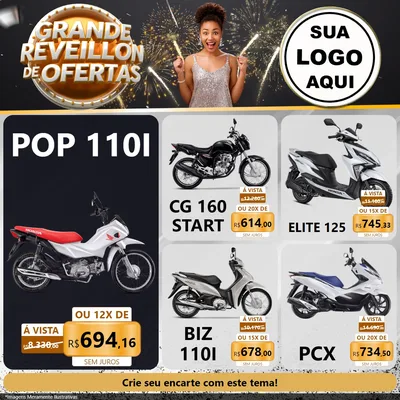 Modelo de Rede Social para Feed Facebook com o tema Grande Réveillon de Ofertas para Concessionaria de Motos