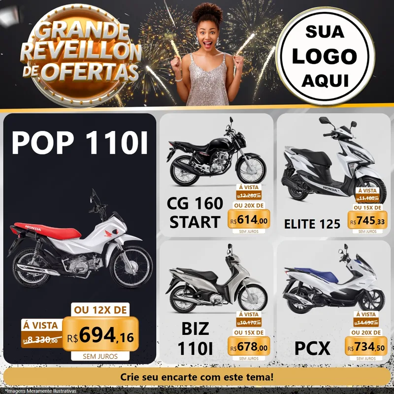 Modelo de Rede Social para Feed Facebook com o tema Grande Réveillon de Ofertas para Concessionaria de Motos
