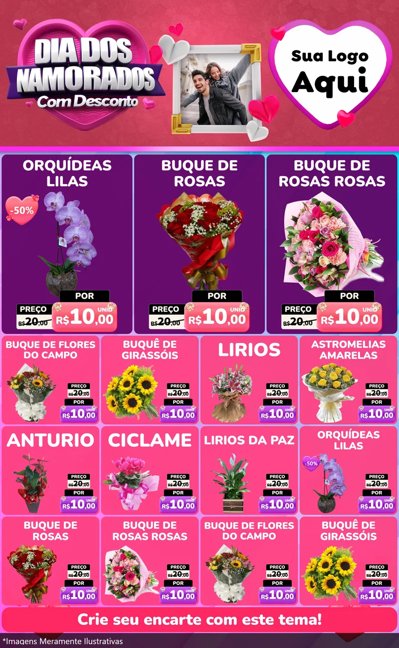 Modelo de Encarte para Encarte Grande com o tema Dia Dos Namorados Com Desconto para Floricultura e jardim