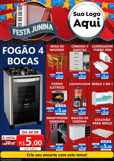 Modelo de Encarte para Encarte A4 Vertical com o tema Festa Junina para Móveis e Eletro