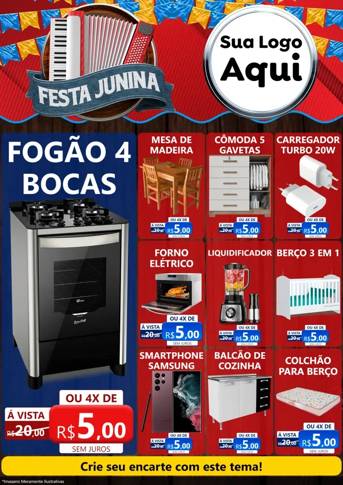Modelo de Encarte para Encarte A4 Vertical com o tema Festa Junina para Móveis e Eletro
