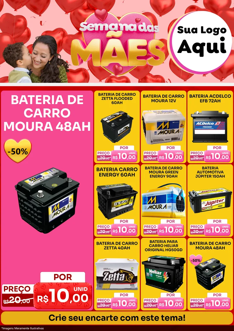 Modelo de Encarte para Encarte A4 Vertical com o tema Semana Das Mães para Baterias Elétricas