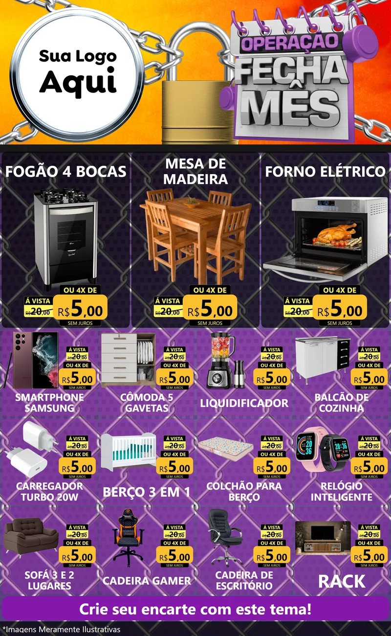 Modelo de Encarte para Encarte Grande com o tema Operação Fecha Mês para Móveis e Eletro