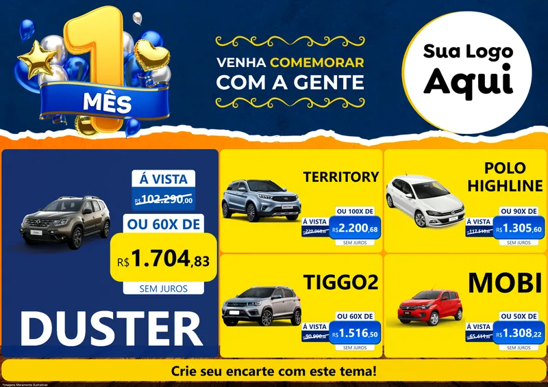 Modelo de Encarte para Encarte A4 Horizontal com o tema Um Mês de Aniversário para Concessionaria de Carros