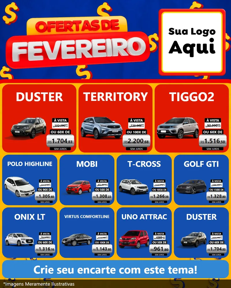 Modelo de Rede Social para Feed Instagram com o tema Ofertas de Fevereiro para Concessionaria de Carros