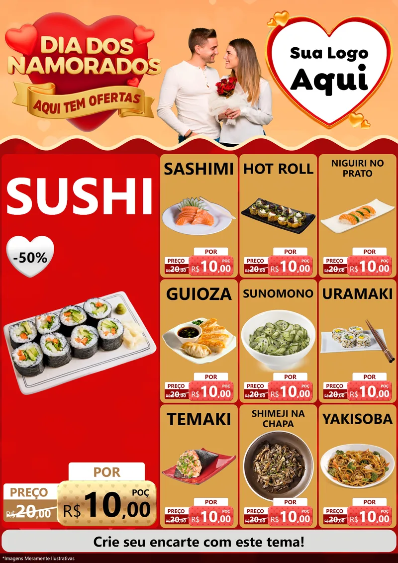 Modelo de Encarte para Encarte A4 Vertical com o tema Dia dos Namorados - Aqui Tem Ofertas para Comida japonesa