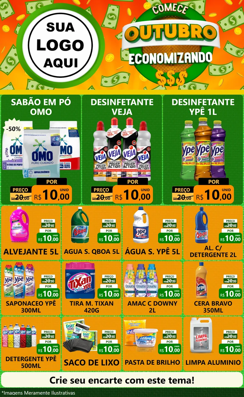 Modelo de Encarte para Encarte Grande com o tema Comece Outubro Economizando para Produtos de Limpeza