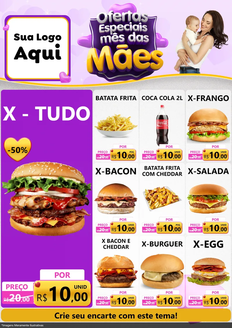 Modelo de Encarte para Encarte A4 Vertical com o tema Ofertas Especiais - Mês das Mães para Hamburgueria