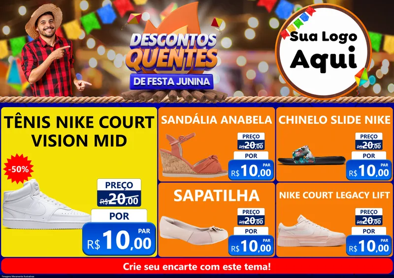Modelo de Encarte para Encarte A4 Horizontal com o tema Descontos Quentes de Festa Junina para Calçados