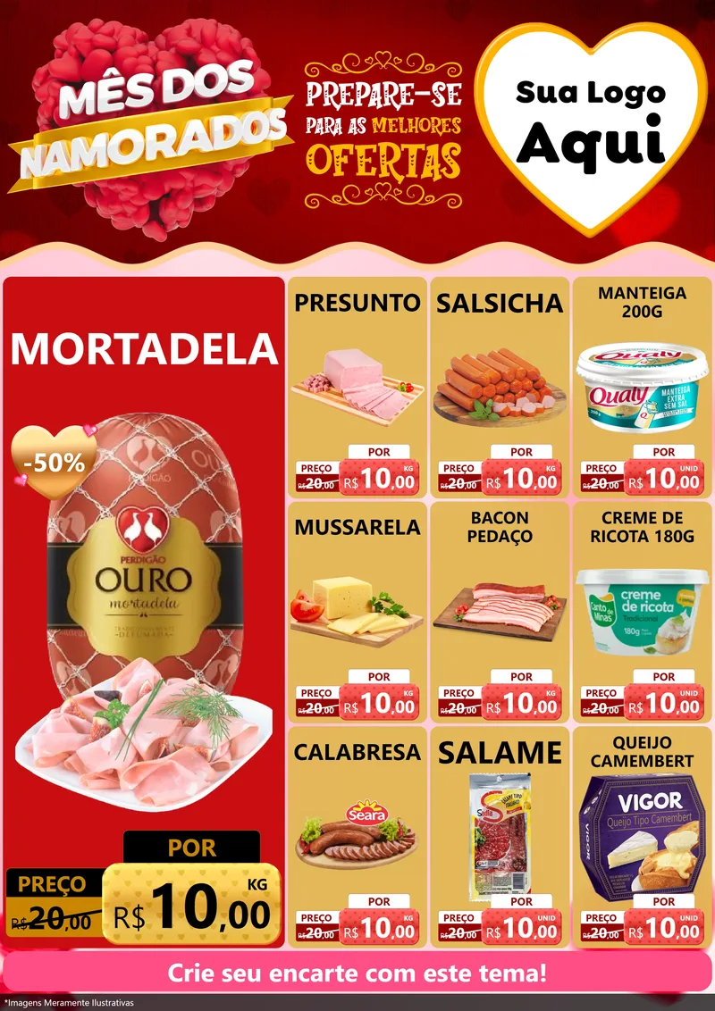 Modelo de Encarte para Encarte A4 Vertical com o tema Mês dos Namorados para Frios e Laticínios