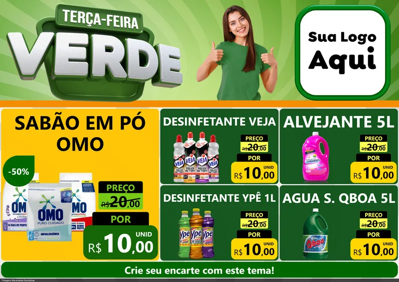 Modelo de Encarte para Encarte A4 Horizontal com o tema Terça - Feira Verde para Produtos de Limpeza