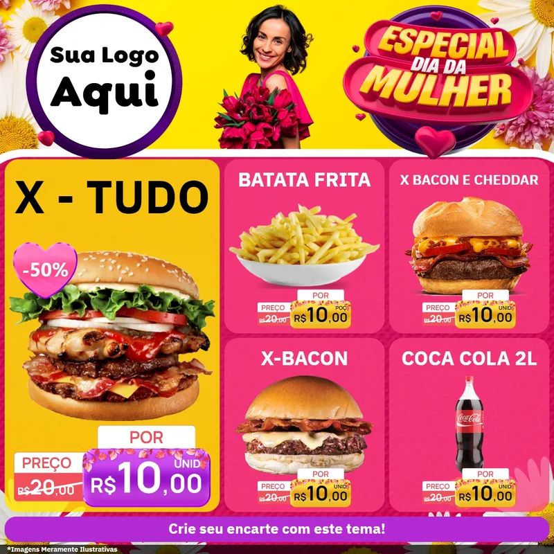Modelo de Rede Social para Feed Facebook com o tema Especial Dia da Mulher para Hamburgueria