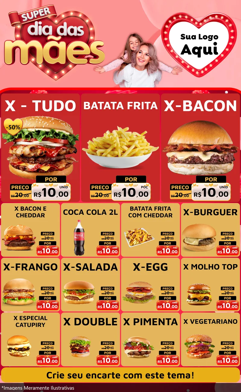 Modelo de Encarte para Encarte Grande com o tema Super Dia Das Mães para Hamburgueria