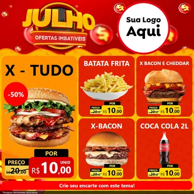 Modelo de Rede Social para Feed Facebook com o tema Julho Ofertas Imbatíveis para Hamburgueria
