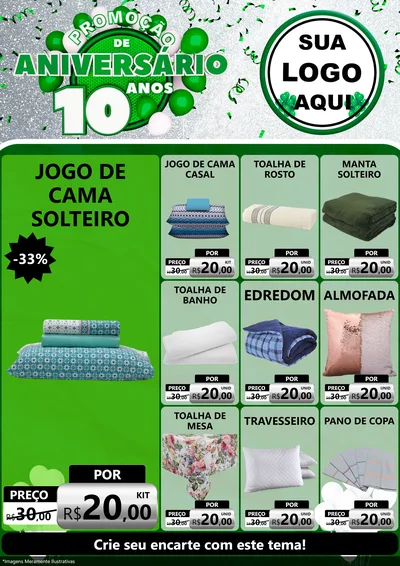 Modelo de Encarte para Encarte A4 Vertical com o tema Promoção de Aniversário - 10 Anos para Cama, Mesa e Banho