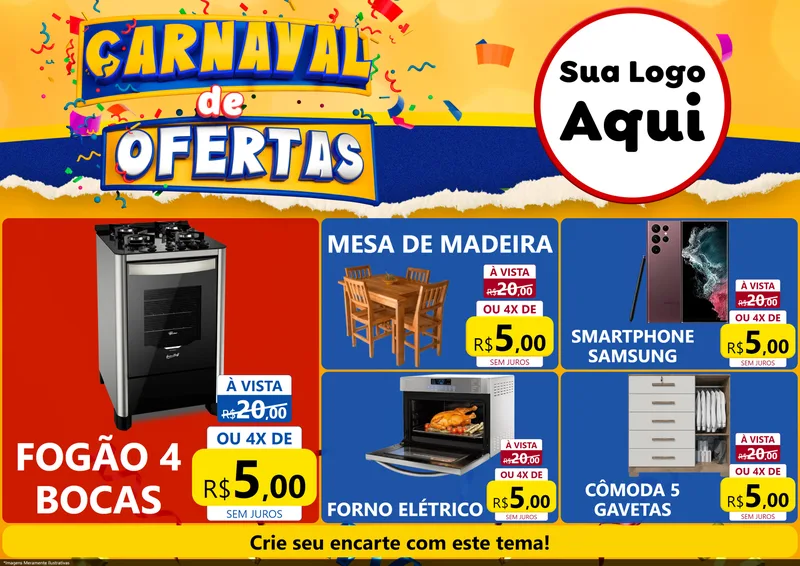 Modelo de Encarte para Encarte A4 Horizontal com o tema Carnaval de Ofertas para Móveis e Eletro