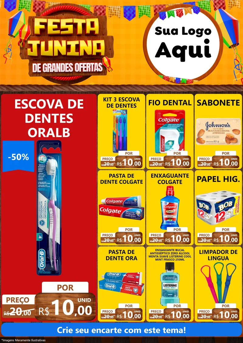 Modelo de Encarte para Encarte A4 Vertical com o tema Festa Junina de Grandes Ofertas para Higiene Pessoal
