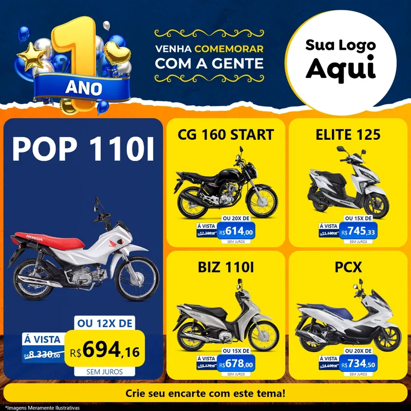 Modelo de Rede Social para Feed Facebook com o tema Um Ano de Aniversário para Concessionaria de Motos