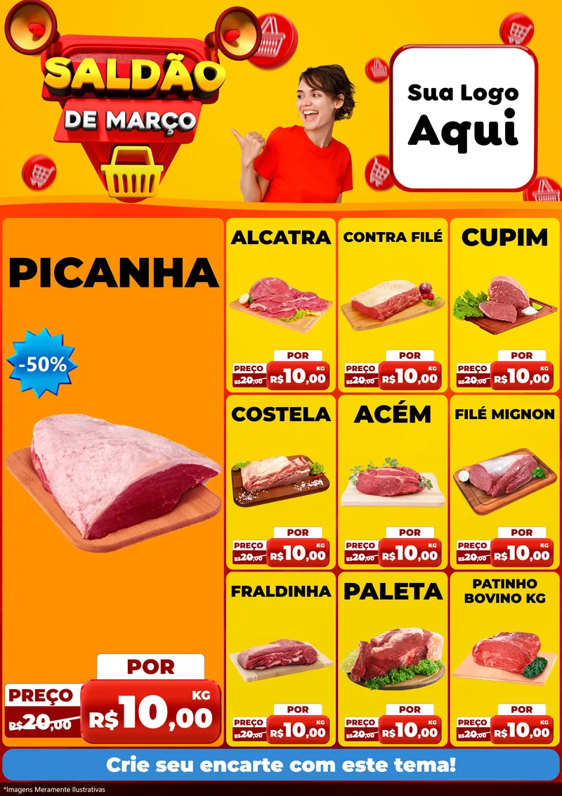 Modelo de Encarte para Encarte A4 Vertical com o tema Saldão de Março para Açougue