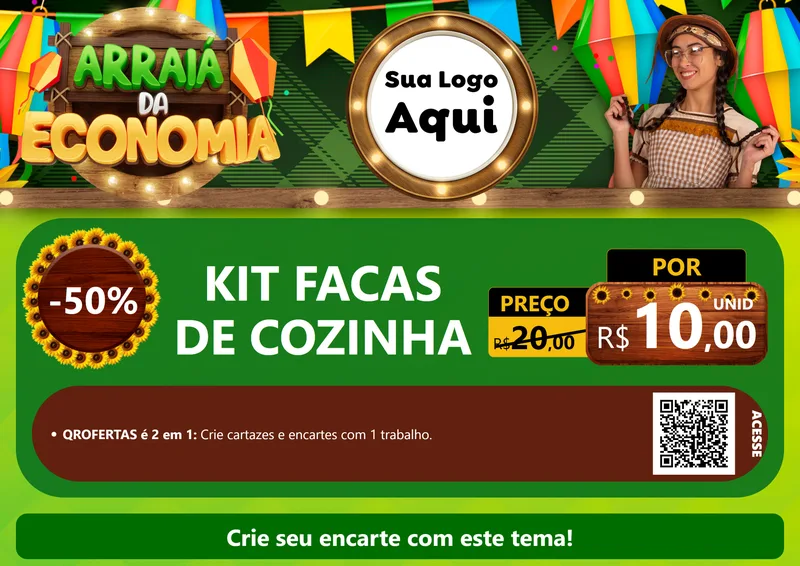 Modelo de Cartaz para Cartaz A4 Horizontal com o tema Arraiá de Economia para Utilidades Domésticas