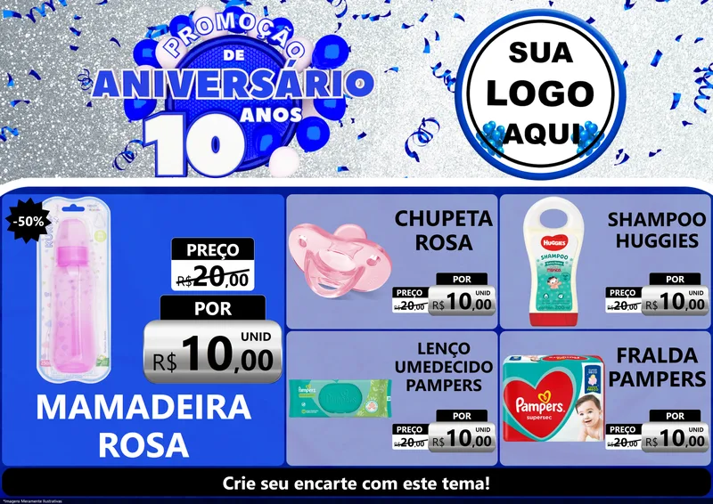 Modelo de Encarte para Encarte A4 Horizontal com o tema Promoção de Aniversário - 10 Anos para Bebês