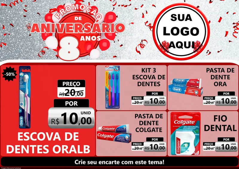 Modelo de Encarte para Encarte A4 Horizontal com o tema Promoção de Aniversário - 8 Anos para Higiene Pessoal
