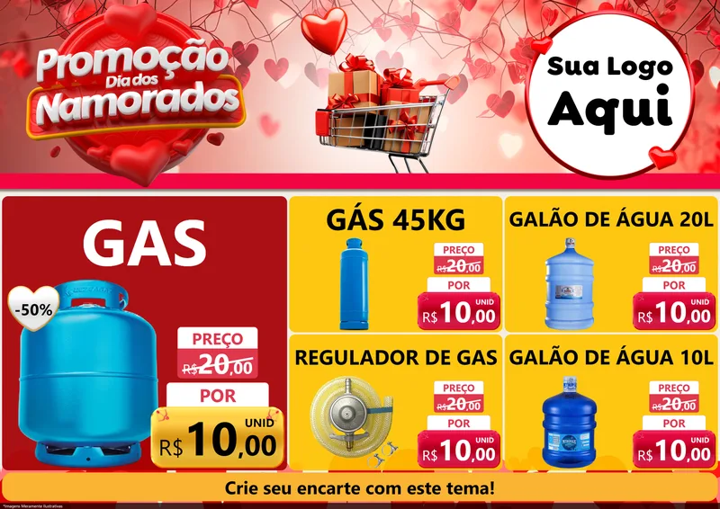 Modelo de Encarte para Encarte A4 Horizontal com o tema Promoção Dia dos Namorados para Água e gás